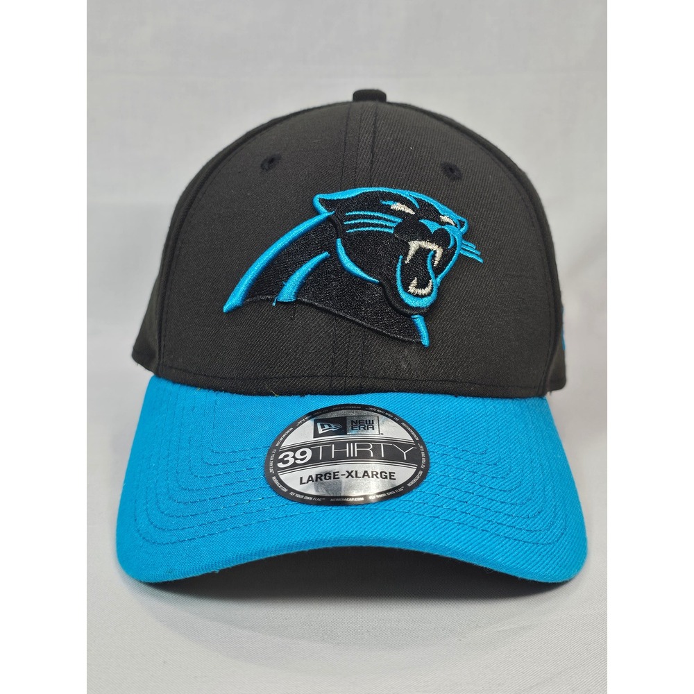 NWT New Era 39THIRTY Carolina Panthers Hat Black Blue L/XL NFL Stretch Fit Cap